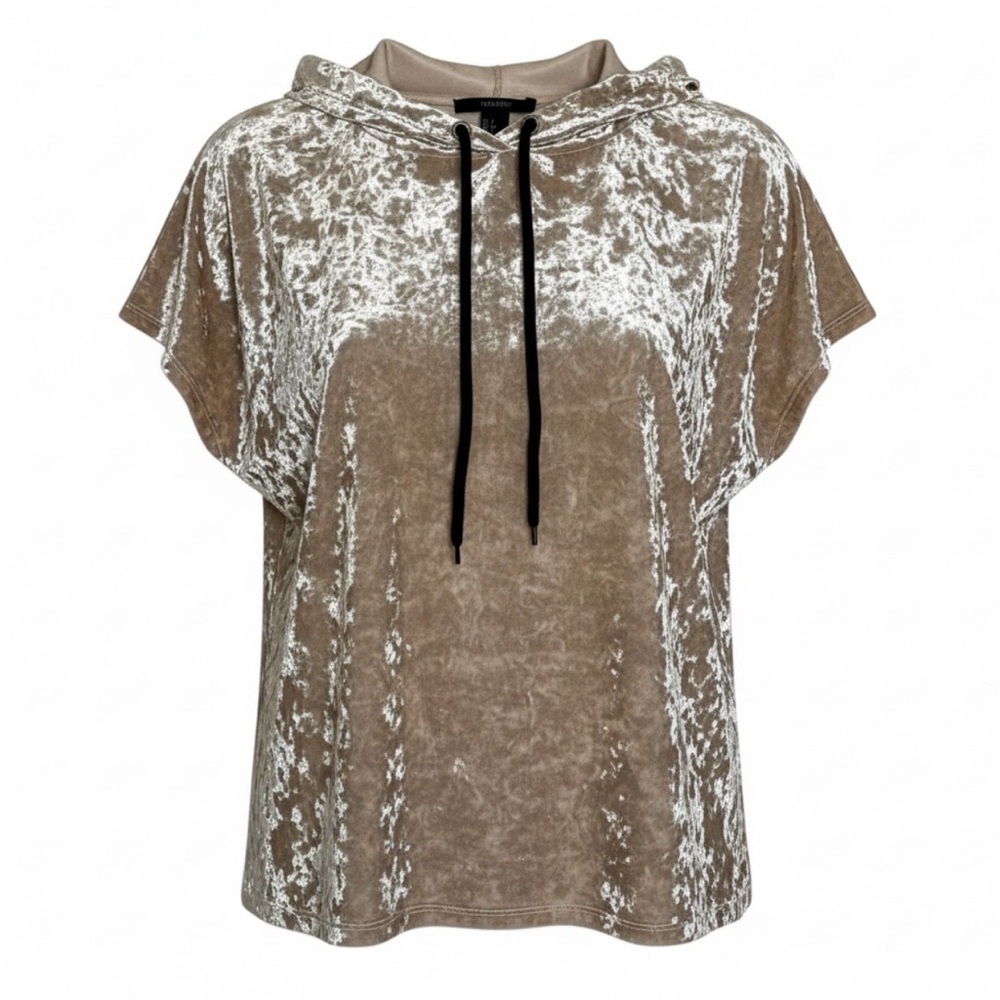 Forever 21 Crushed Velvet Hoodie Top Beige Boxy Short Sleeve Drawstring Hood S